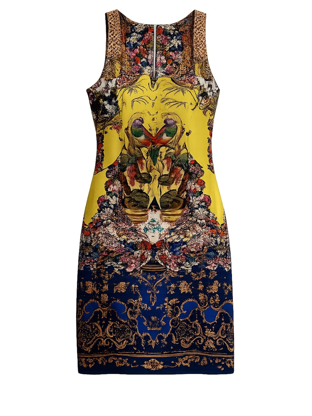 Roberto Cavalli Yellow and Navy Floral Baroque Sheath Dress